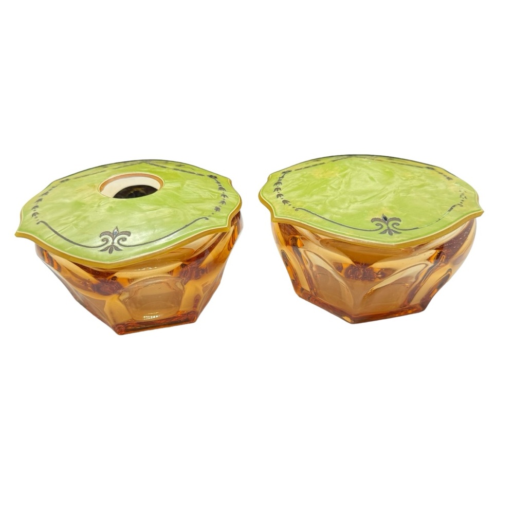 Vintage Amber Glass & Green Faux MOP Celluloid Dresser Set